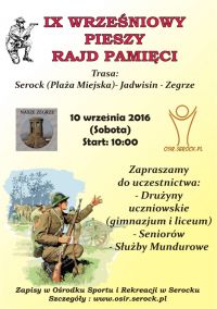 Zapraszamy do udziału w IX Wrześniowym Pieszym Rajdzie Pamięci (10 września 2016 r.) - czekamy na zgłoszenia !